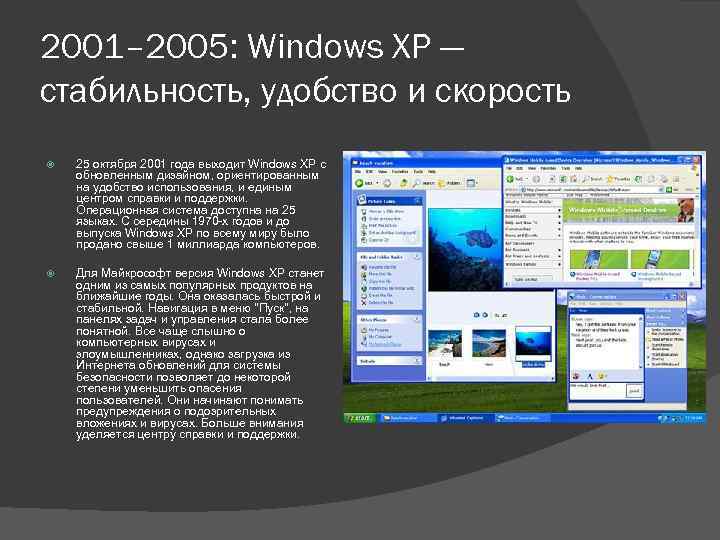 2001– 2005: Windows XP — стабильность, удобство и скорость 25 октября 2001 года выходит