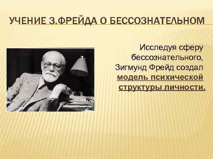 УЧЕНИЕ З. ФРЕЙДА О БЕССОЗНАТЕЛЬНОМ Исследуя сферу бессознательного, Зигмунд Фрейд создал модель психической структуры
