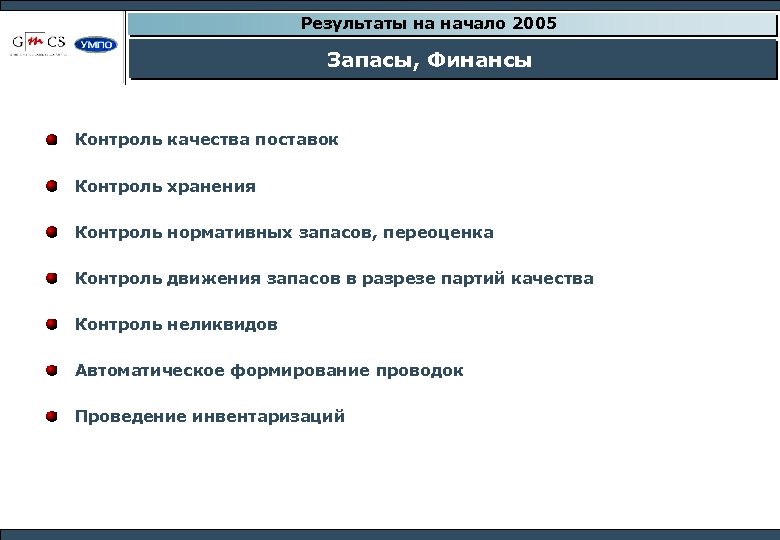 Результаты на начало 2005 Запасы, Финансы Контроль качества поставок Контроль хранения Контроль нормативных запасов,