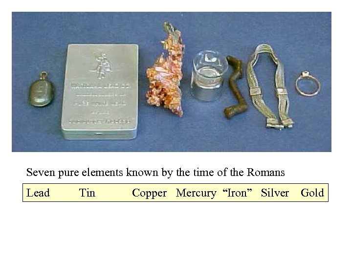 Seven pure elements known by the time of the Romans Lead Tin Copper Mercury