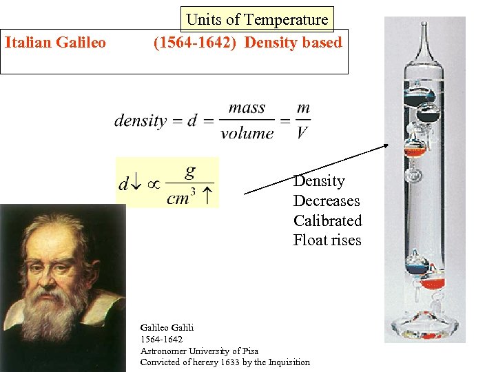 Italian Galileo Units of Temperature (1564 -1642) Density based Density Decreases Calibrated Float rises