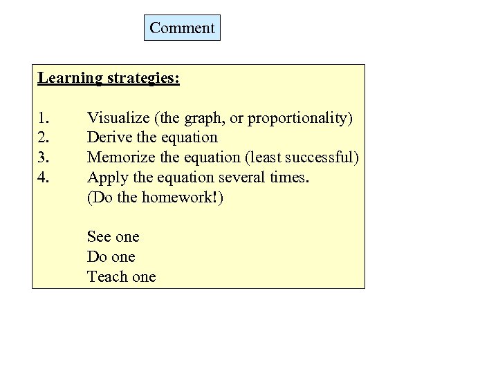 Comment Learning strategies: 1. 2. 3. 4. Visualize (the graph, or proportionality) Derive the