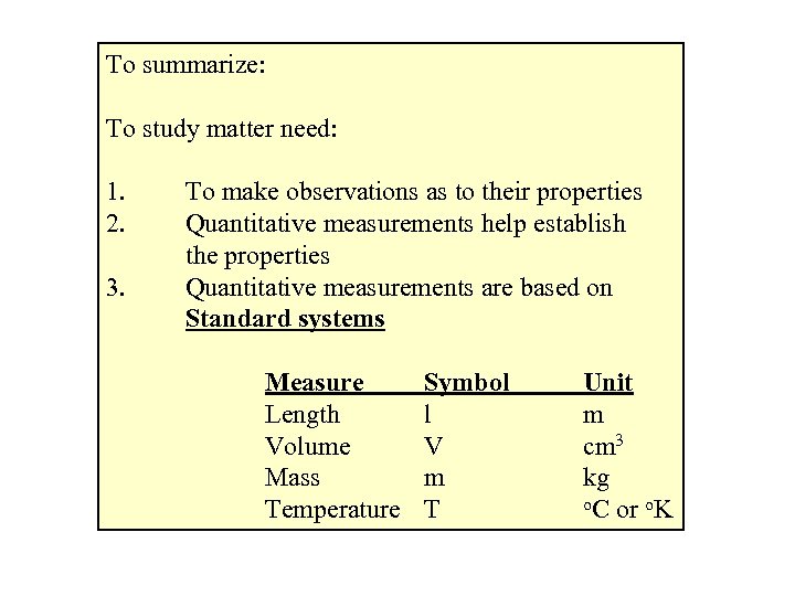 To summarize: To study matter need: 1. 2. 3. To make observations as to