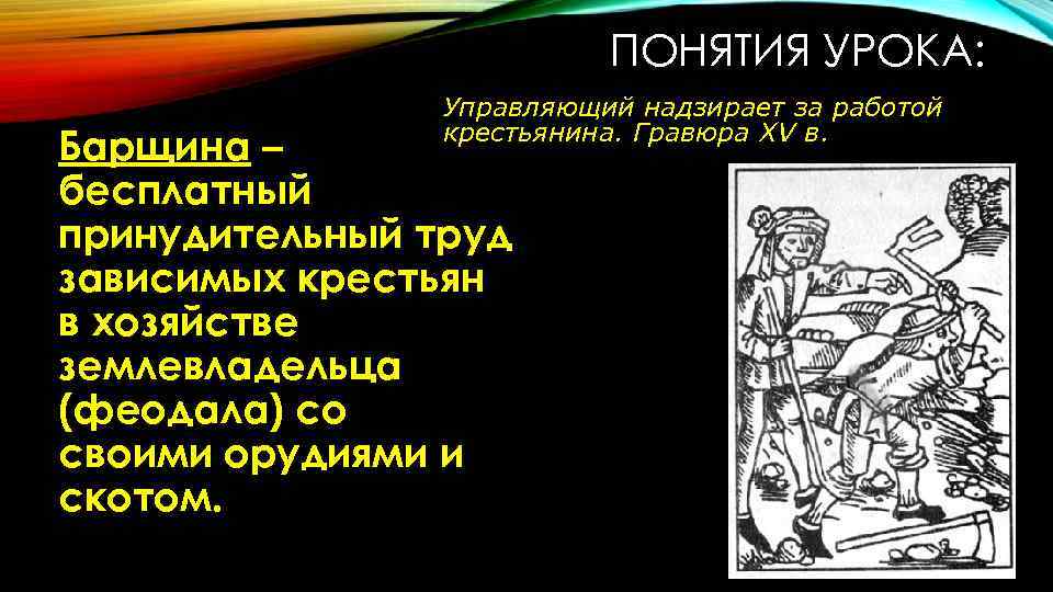 ПОНЯТИЯ УРОКА: Управляющий надзирает за работой крестьянина. Гравюра XV в. Барщина – бесплатный принудительный