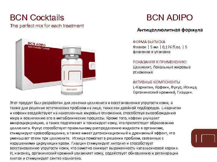 BCN Cocktails The perfect mix for each treatment BCN ADIPO Антицеллюлитная формула ФОРМА ВЫПУСКА