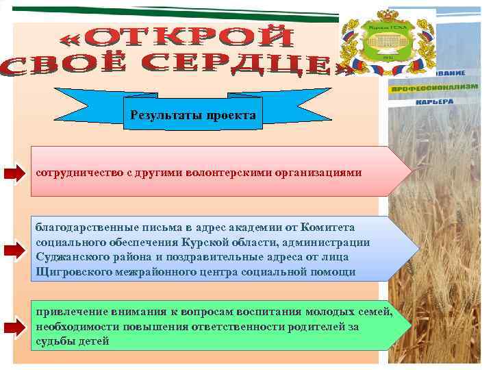 Результаты проекта сотрудничество с другими волонтерскими организациями благодарственные письма в адрес академии от Комитета