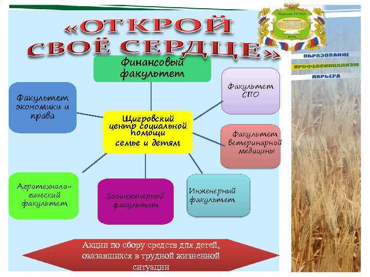 Финансовый факультет Факультет экономики и права Агротехнологический факультет Факультет СПО Щигровский центр социальной помощи