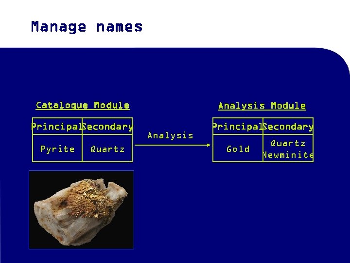 Manage names Catalogue Module Analysis Module Principal Secondary Pyrite Quartz Analysis Gold Quartz Newminite