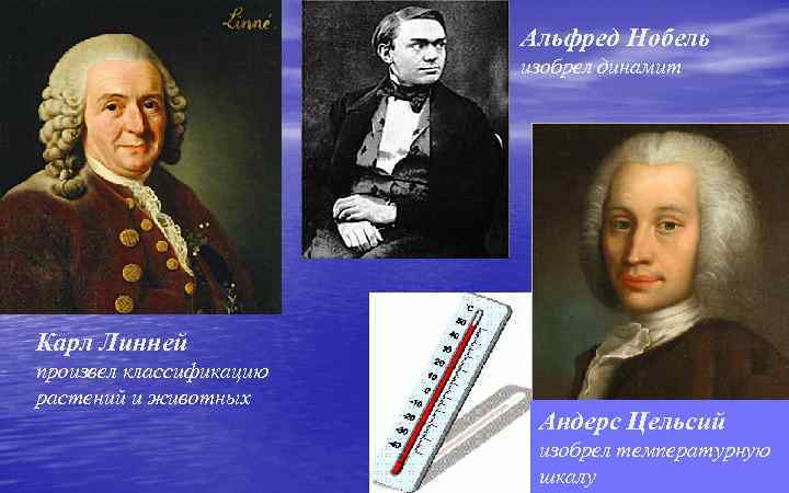 Альфред Нобель изобрел динамит Карл Линней произвел классификацию растений и животных Андерс Цельсий изобрел