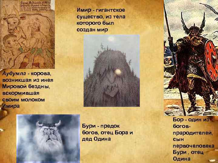 Имир - гигантское существо, из тела которого был создан мир Аудумла - корова, возникшая
