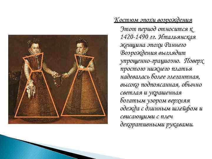 Костюм эпохи возрождения Этот период относится к 1420 -1490 гг. Итальянская женщина эпохи Раннего