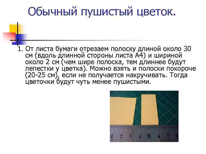 Обычный пушистый цветок. 1. От листа бумаги отрезаем полоску длиной около 30 см (вдоль