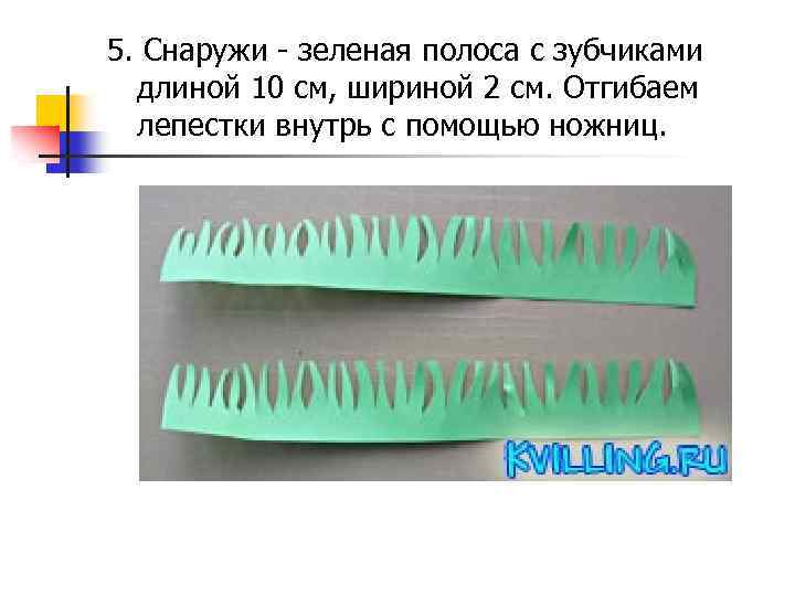 5. Снаружи - зеленая полоса с зубчиками длиной 10 см, шириной 2 см. Отгибаем