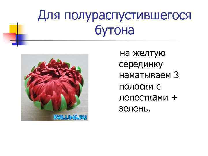 Для полураспустившегося бутона на желтую серединку наматываем 3 полоски с лепестками + зелень. 