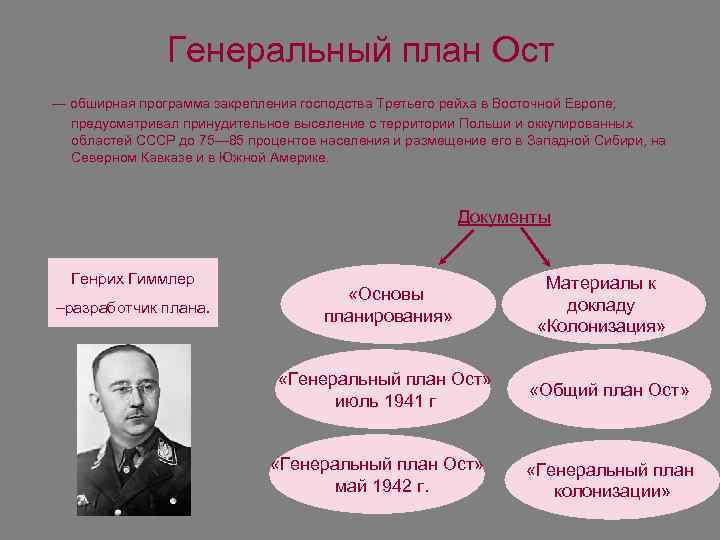 Генеральный план Ост — обширная программа закрепления господства Третьего рейха в Восточной Европе; предусматривал