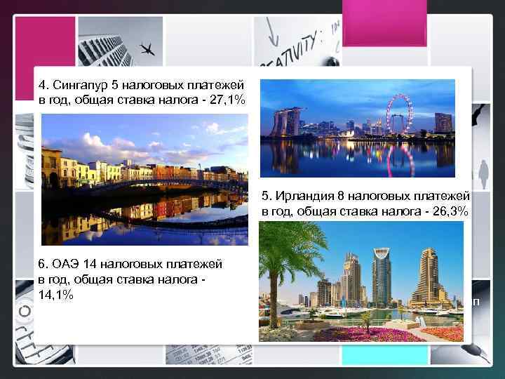 4. Сингапур 5 налоговых платежей в год, общая ставка налога - 27, 1% 5.