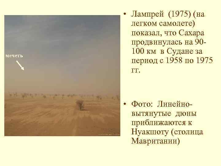 мечеть • Лампрей (1975) (на легком самолете) показал, что Сахара продвинулась на 90100 км