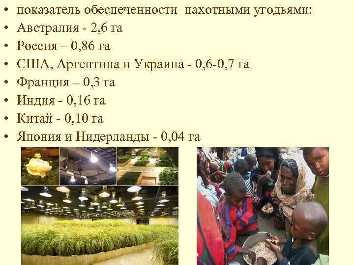  • • показатель обеспеченности пахотными угодьями: Австралия - 2, 6 га Россия –