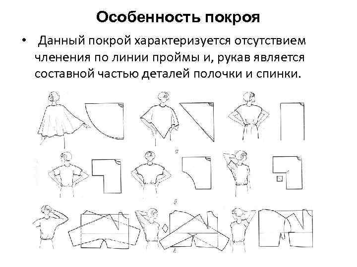 Особенность покроя • Данный покрой характеризуется отсутствием членения по линии проймы и, рукав является