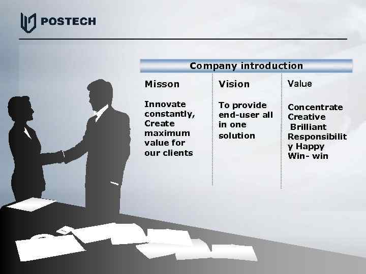 Company introduction Misson Vision Value Innovate constantly, Create maximum value for our clients To