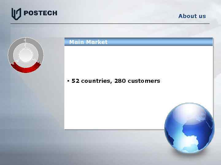 About us Main Market § 52 countries, 280 customers 