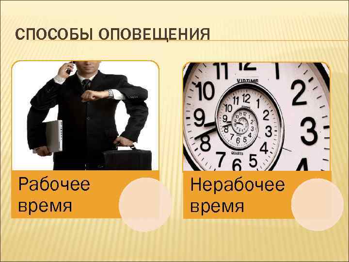 СПОСОБЫ ОПОВЕЩЕНИЯ Рабочее время Нерабочее время 