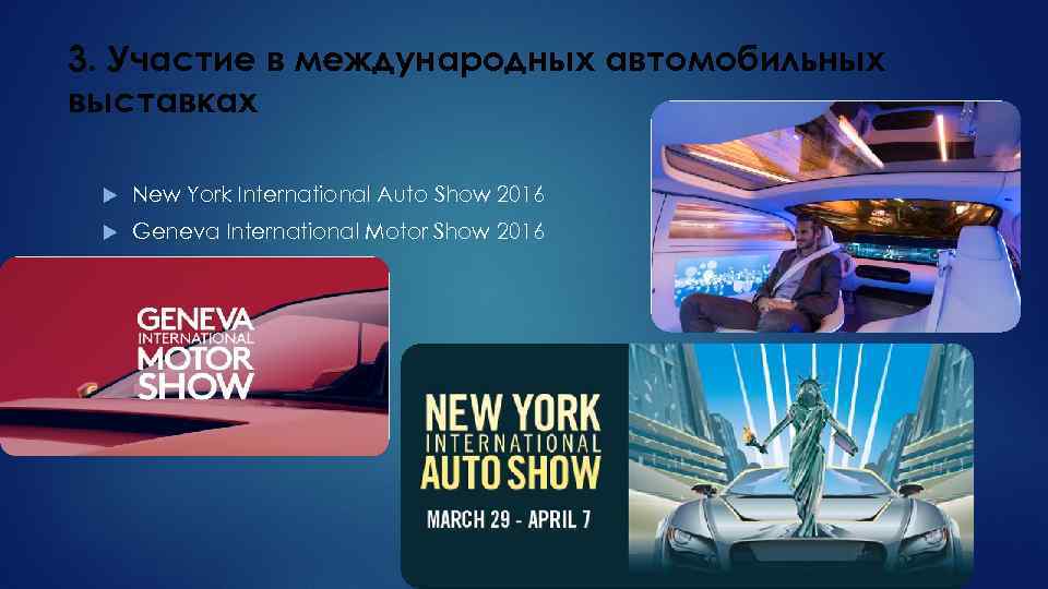 3. Участие в международных автомобильных выставках New York International Auto Show 2016 Geneva International