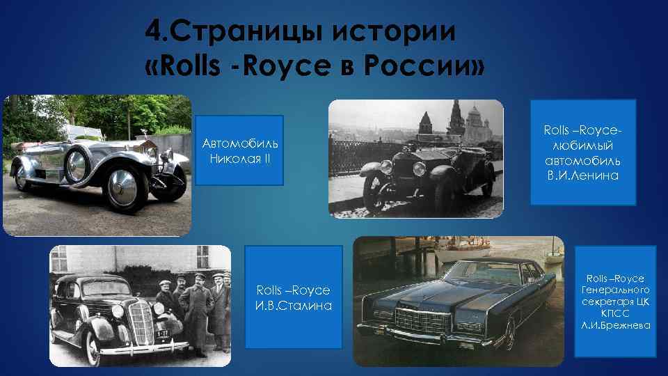4. Страницы истории «Rolls -Royce в России» Автомобиль Николая II Rolls –Royce И. В.