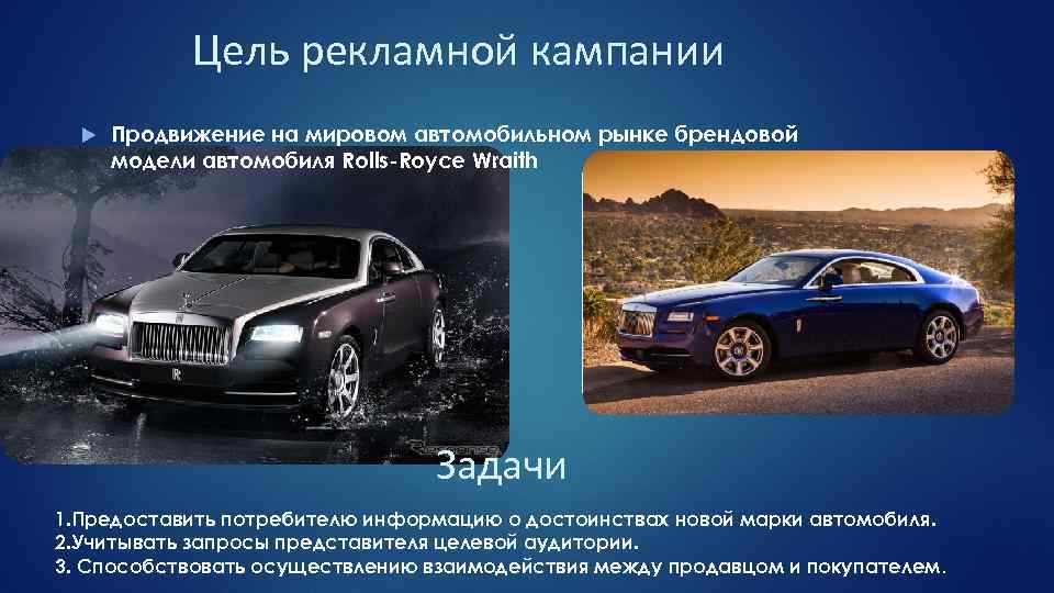 Цель рекламной кампании Продвижение на мировом автомобильном рынке брендовой модели автомобиля Rolls-Royce Wraith Задачи