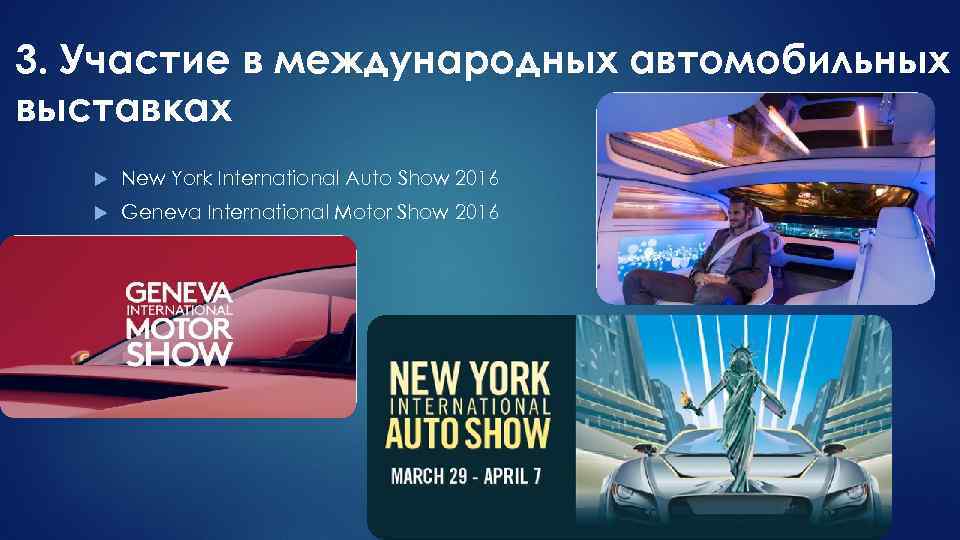 3. Участие в международных автомобильных выставках New York International Auto Show 2016 Geneva International
