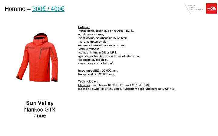 Homme – 300€ / 400€ Détails : -veste de ski technique en GORE-TEX ®,