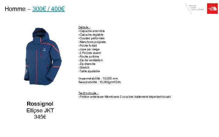 Homme – 300€ / 400€ Détails : -Capuche amovible -Capuche réglable -Coudes préformés -Manchons