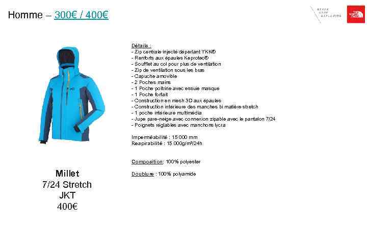 Homme – 300€ / 400€ Détails : - Zip centrale injecté déperlant YKK® -