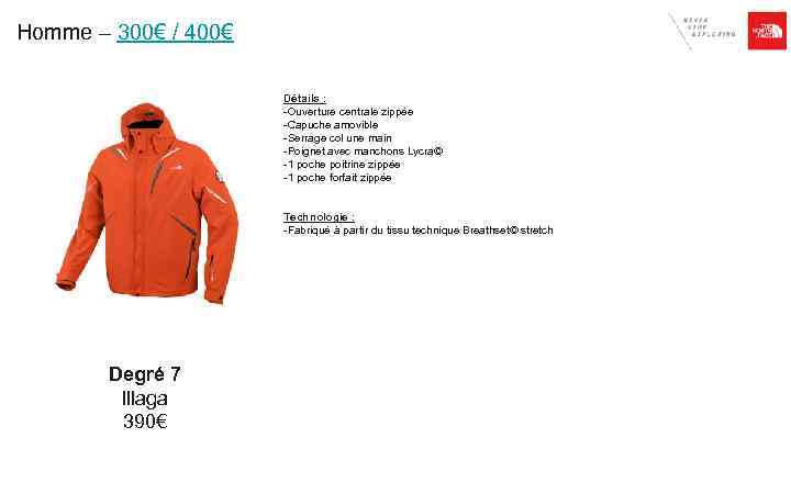 Homme – 300€ / 400€ Détails : -Ouverture centrale zippée -Capuche amovible -Serrage col