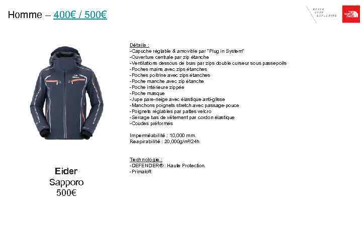 Homme – 400€ / 500€ Détails : -Capuche réglable & amovible par 