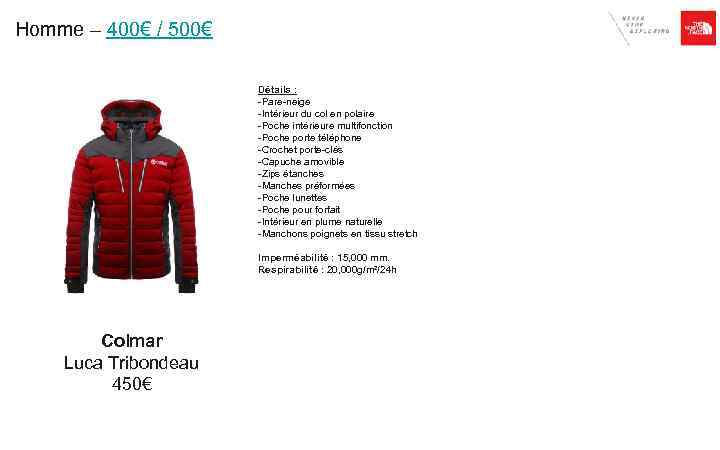 Homme – 400€ / 500€ Détails : -Pare-neige -Intérieur du col en polaire -Poche