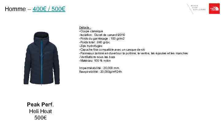 Homme – 400€ / 500€ Détails : -Coupe classique -Isolation : Duvet de canard