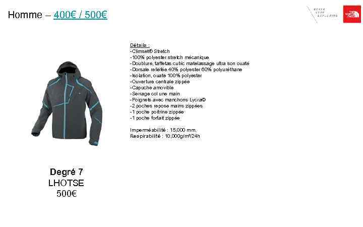 Homme – 400€ / 500€ Détails : -Climset® Stretch -100% polyester stretch mécanique -Doublure,