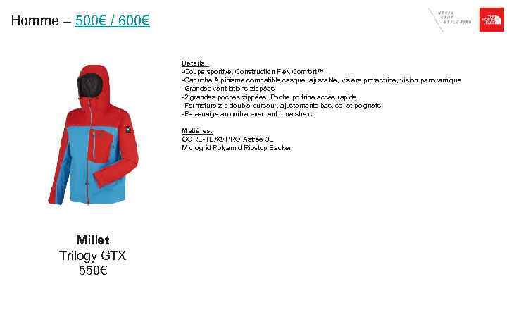 Homme – 500€ / 600€ Détails : -Coupe sportive. Construction Flex Comfort™ -Capuche Alpinisme