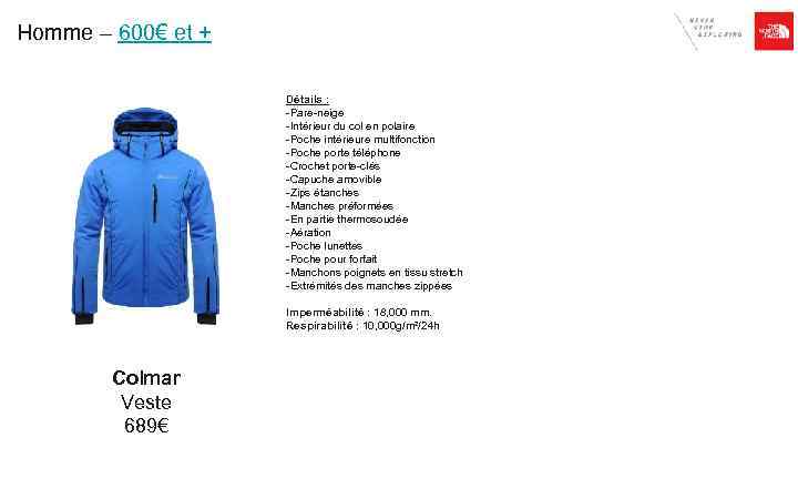 Homme – 600€ et + Détails : -Pare-neige -Intérieur du col en polaire -Poche