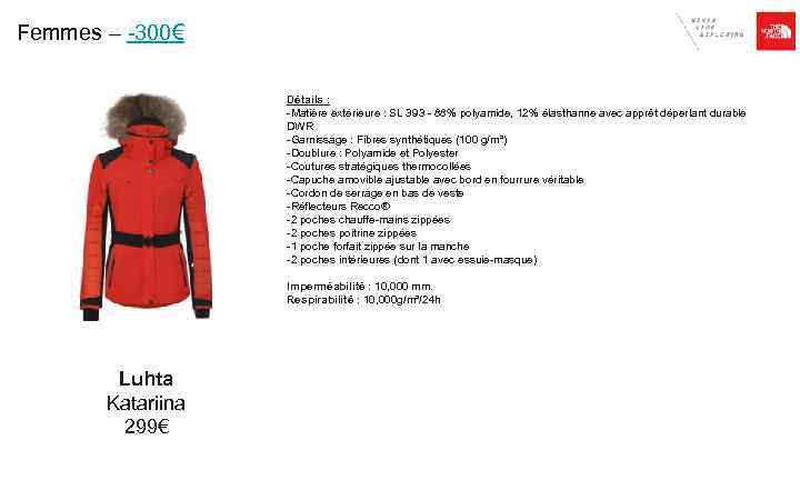 Femmes – -300€ Détails : -Matière extérieure : SL 393 - 88% polyamide, 12%