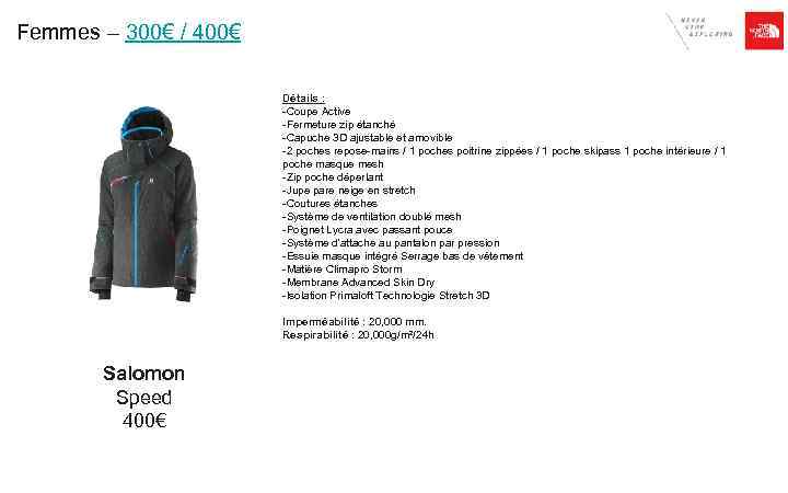 Femmes – 300€ / 400€ Détails : -Coupe Active -Fermeture zip étanché -Capuche 3