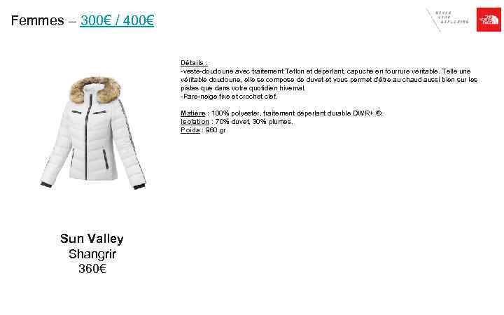 Femmes – 300€ / 400€ Détails : -veste-doudoune avec traitement Teflon et déperlant, capuche