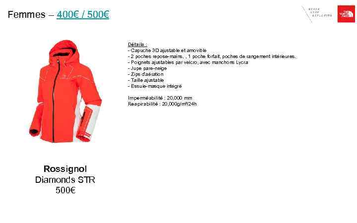 Femmes – 400€ / 500€ Détails : - Capuche 3 D ajustable et amovible