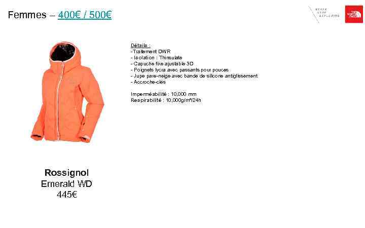 Femmes – 400€ / 500€ Détails : -Traitement DWR - Isolation : Thinsulate -