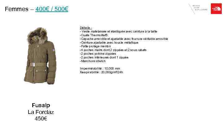 Femmes – 400€ / 500€ Détails : - Veste matelassée et élastiquée avec ceinture