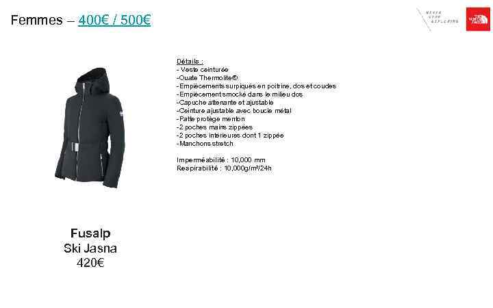 Femmes – 400€ / 500€ Détails : - Veste ceinturée -Ouate Thermolite® -Empiècements surpiqués