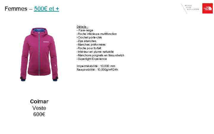 Femmes – 500€ et + Détails : - Pare-neige -Poche intérieure multifonction -Crochet porte-clés