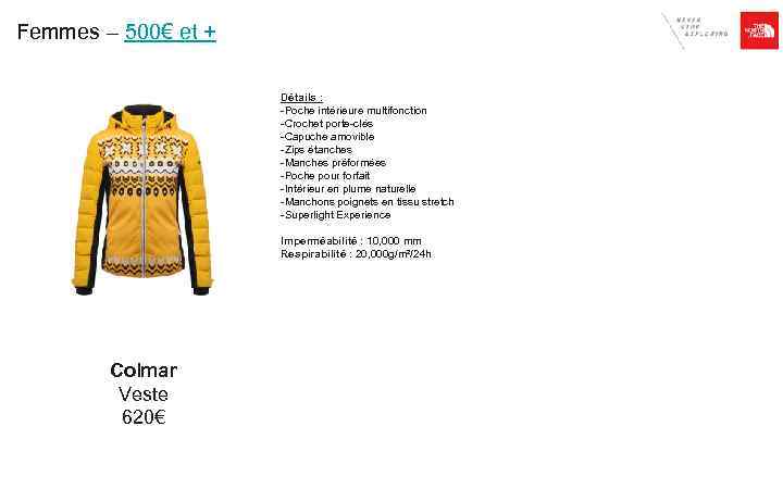 Femmes – 500€ et + Détails : -Poche intérieure multifonction -Crochet porte-clés -Capuche amovible