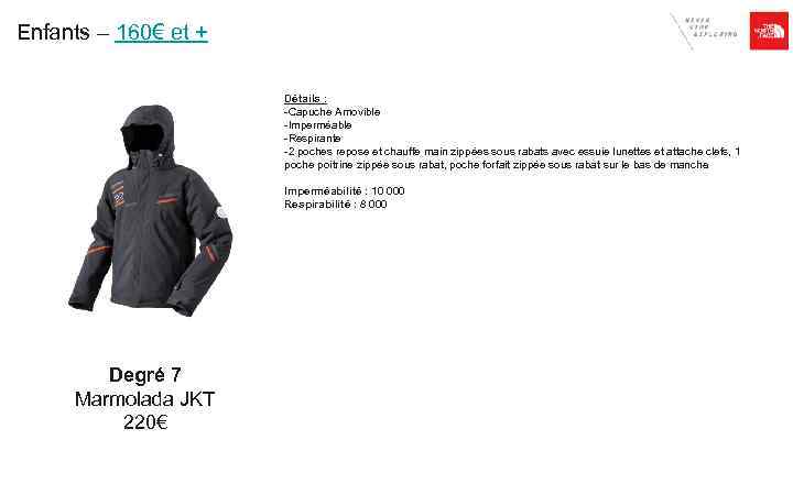 Enfants – 160€ et + Détails : -Capuche Amovible -Imperméable -Respirante -2 poches repose